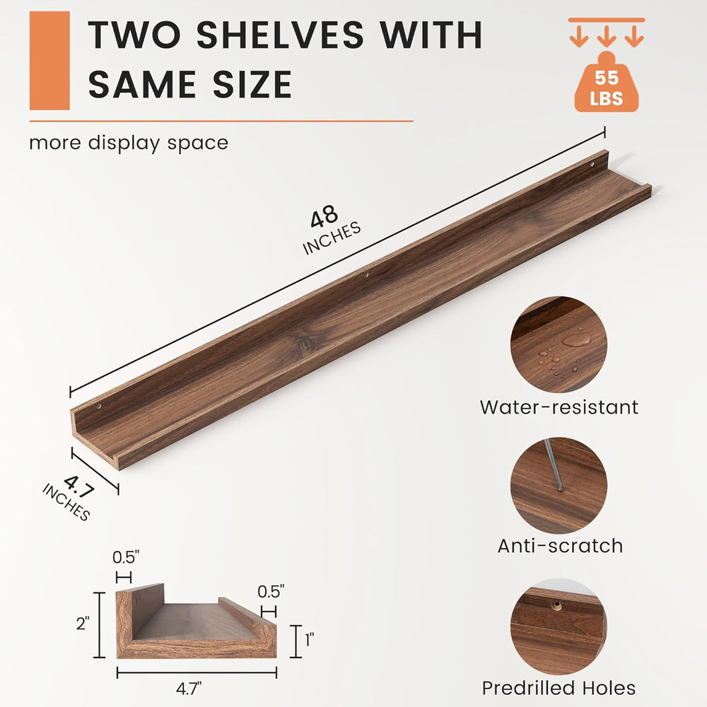 Picture Ledge Shelf, Floating Shelves for Wall, 48" W Set of 2, Walnut