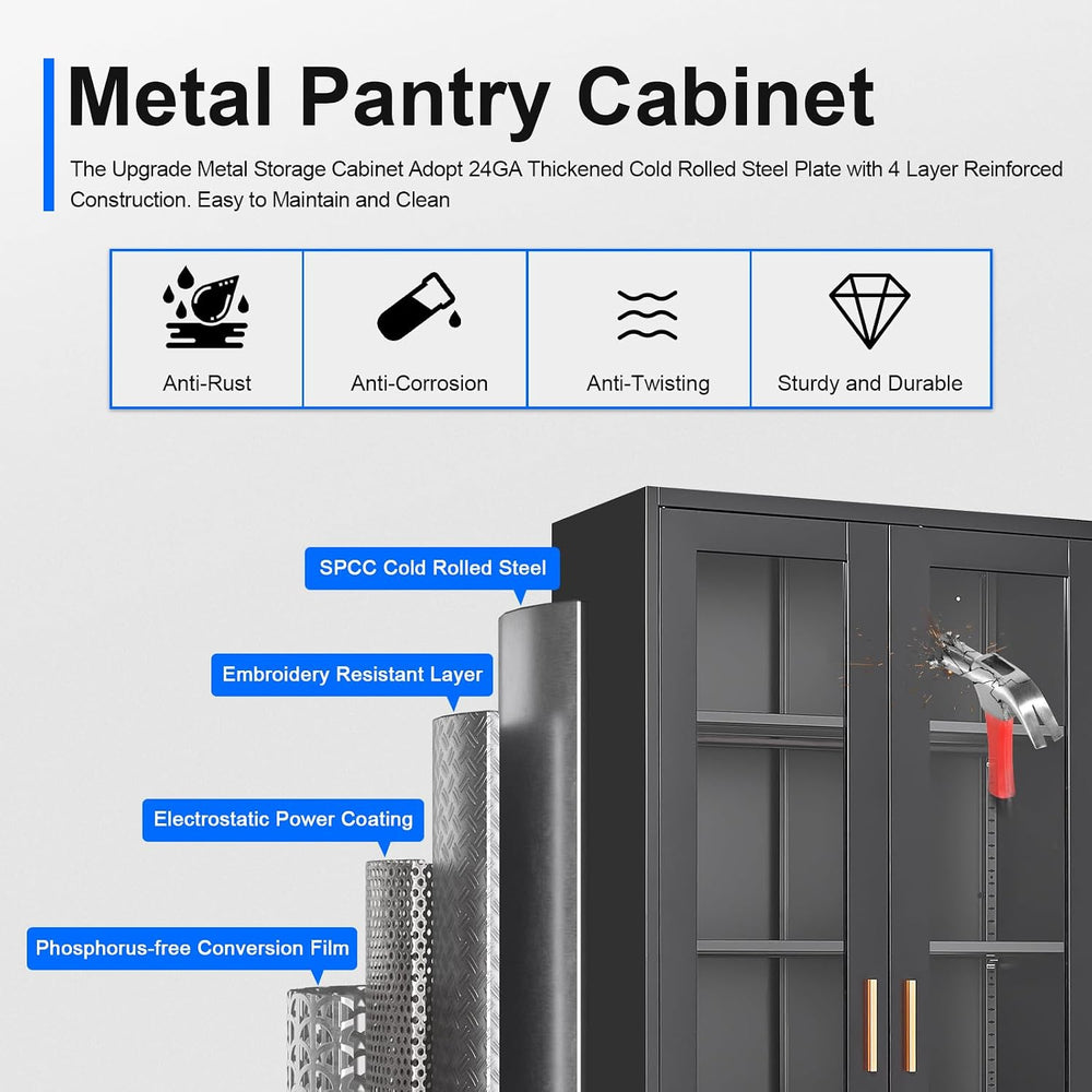 Polup 71" Black Metal Glass Display Cabinet with Security Lock