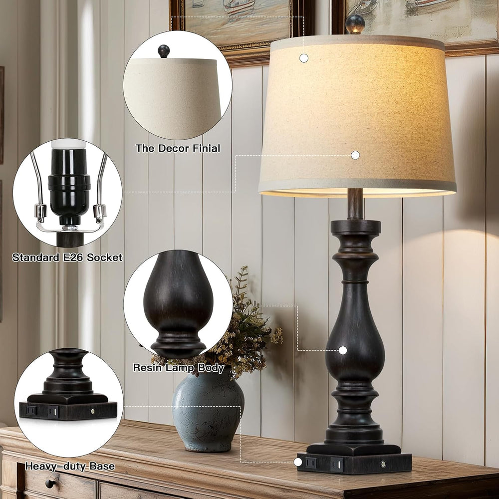 29" Tall Vintage Table Lamps Set of 2,Black Farmhouse Bedside Lamps with...