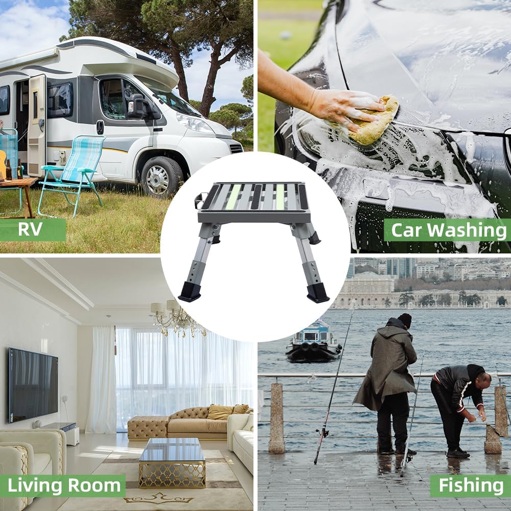 Homeon Wheels Adjustable Aluminum RV Step Stool, Folding, Gray