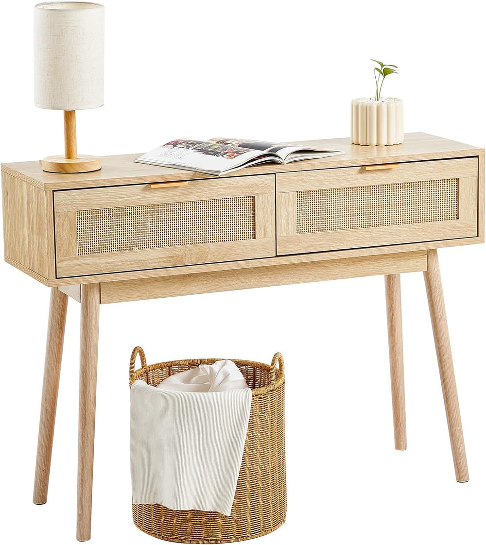 VEVOR Rattan Console Table with 2 Storage Drawers, Rattan Entryway Table with...