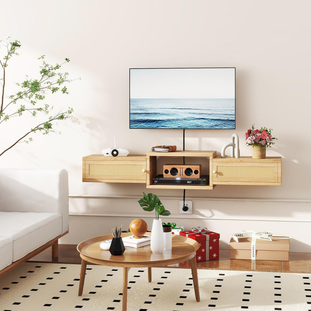 IBUYKE Modern Rattan Floating TV Stand with Doors,Wall Mounted TV Shelf for T...