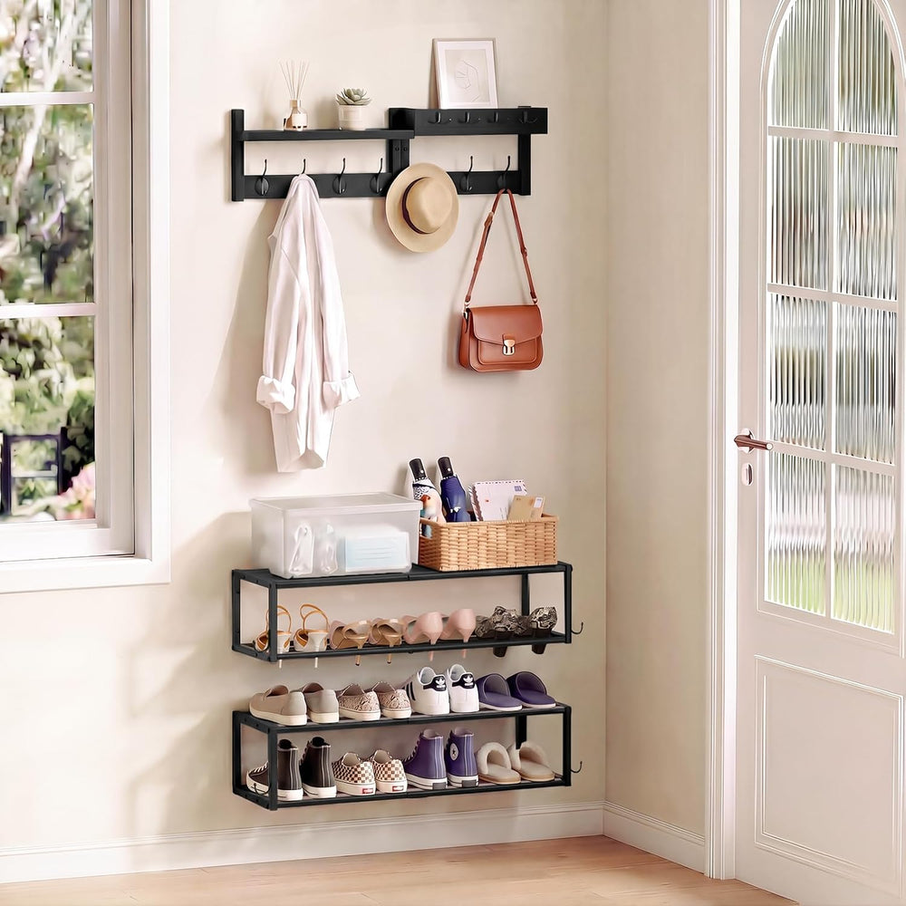 4 Pack Wall Coat Rack with Shoe Rack, 2-in-1 Coat and Shoe Rack Entryway