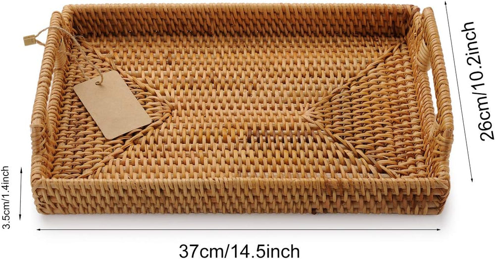 Hand-Woven Rattan Rectangular Serving Tray with Handles for Breakfast, Drinks...