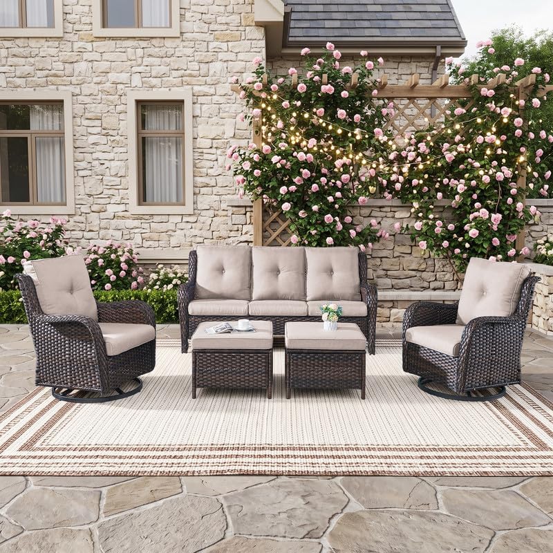 Outdoor Brown Wicker Furniture Set of 5, Wicker Patio Conversation Set