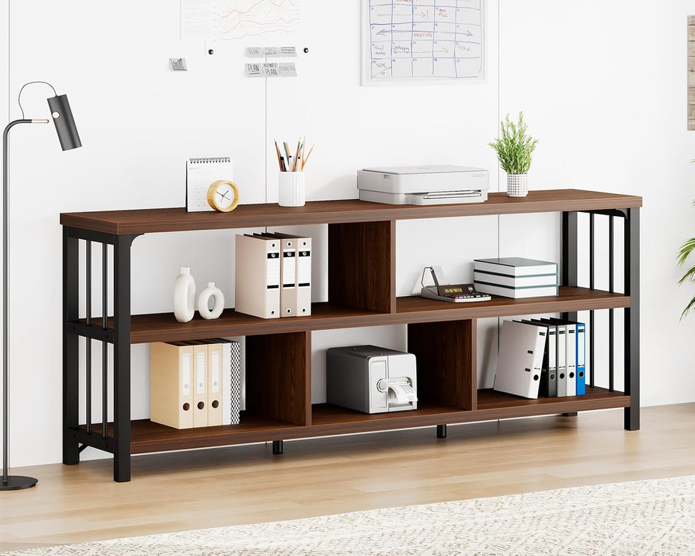 IBF 63” Long Horizontal Bookshelf, Wide Low Open Wood Bookcase, Walnut