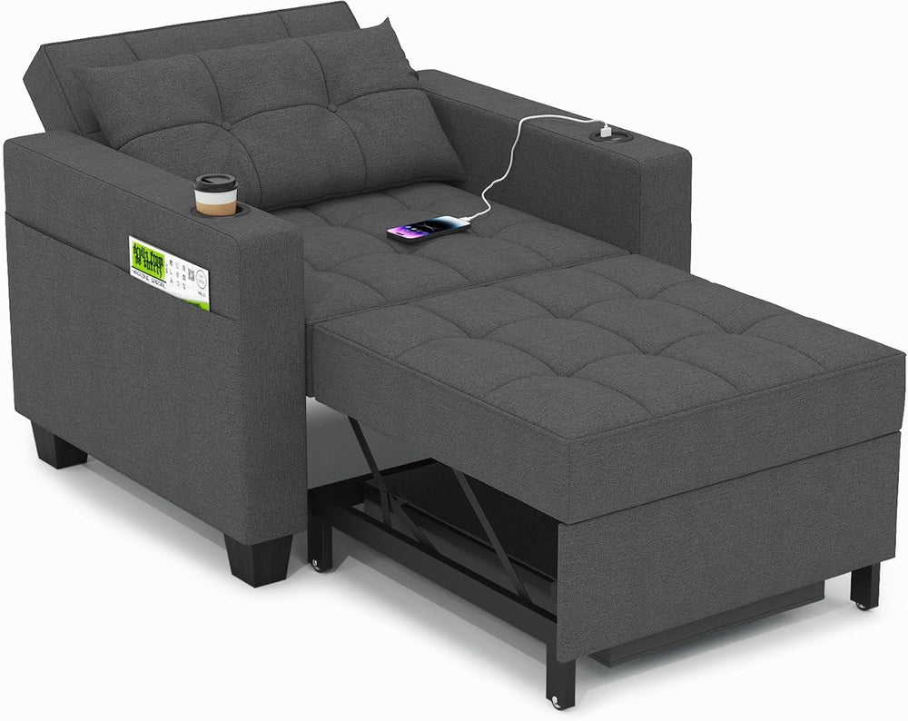 36" 3-in-1 Sleeper Chair, Convertible Pull Out Sofa Bed, Dark Gray Linen