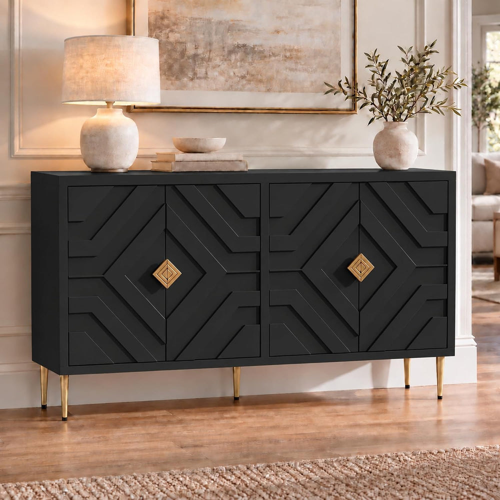HLR 58'' Modern Sideboard Buffet Storage Cabinet with 4 Doors, Black