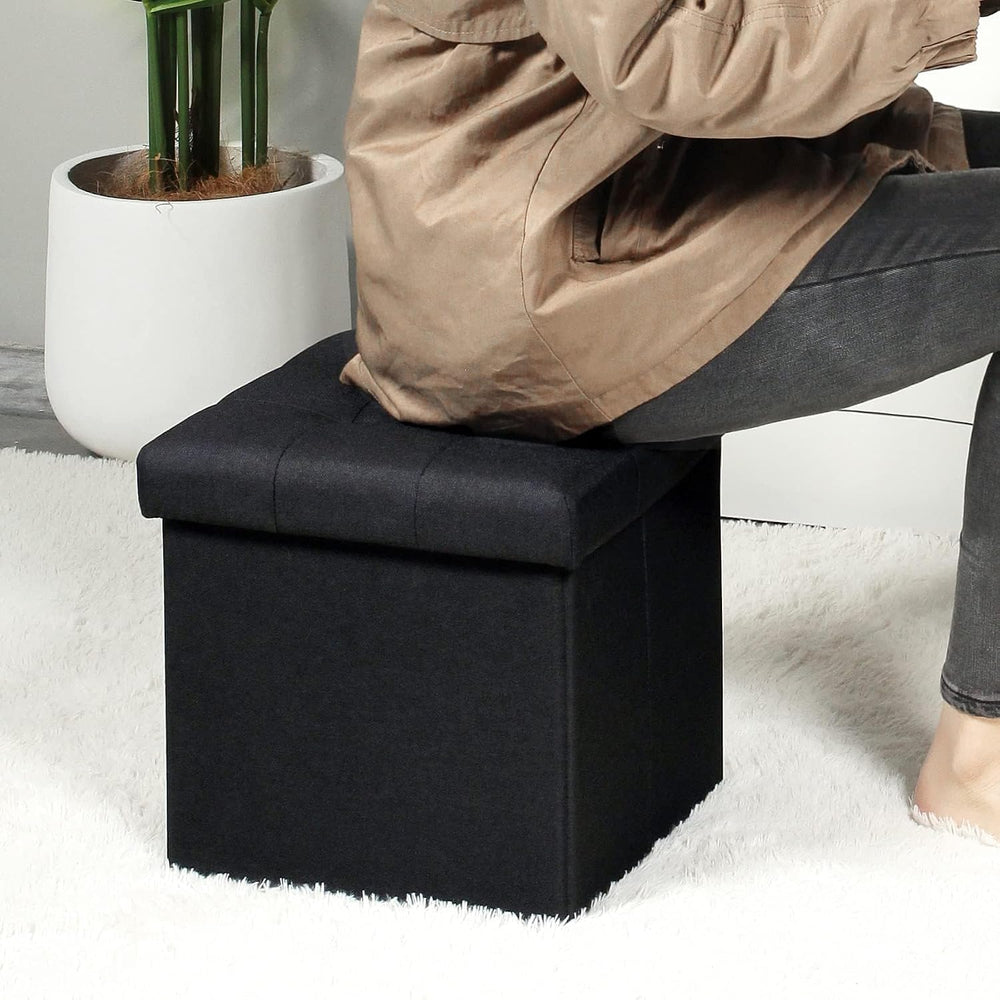 B FSOBEIIALEO 12.6" Folding Storage Ottoman Foot Rest, Linen Black, 2 Pack