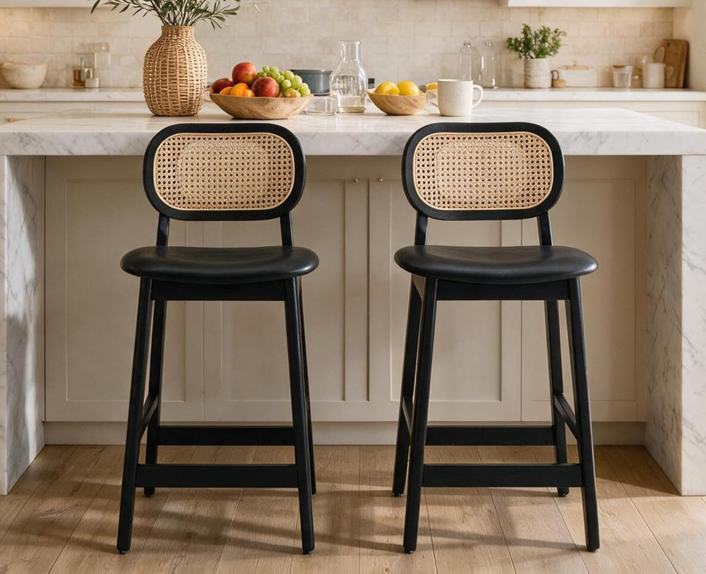 Shunzhi Rattan Counter Height Bar Stools Set of 4, Wood Farmhouse Barstools w...