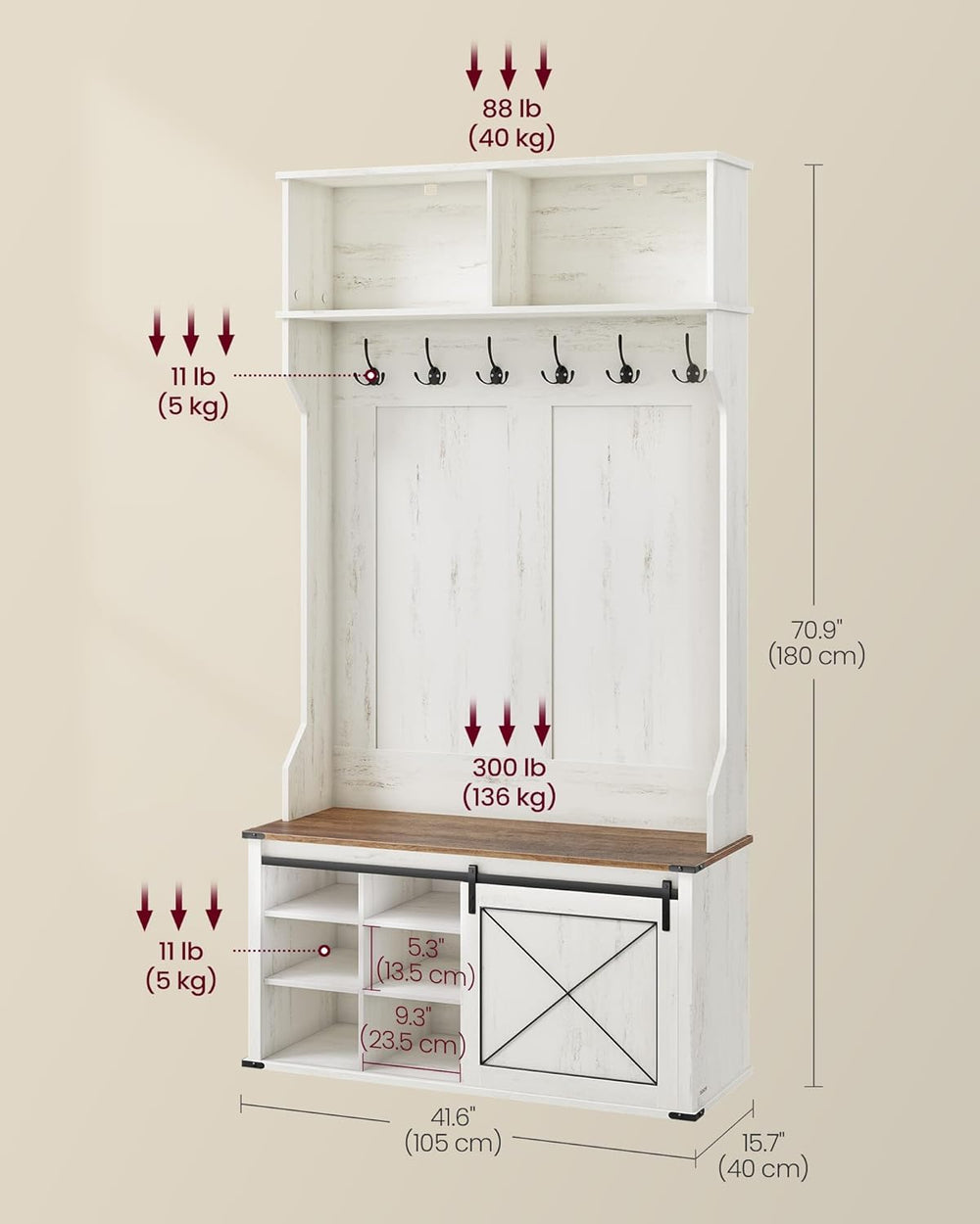 VASAGLE Hall Tree with Bench and Shoe Storage, 6 Tri-Hooks, Sliding Door