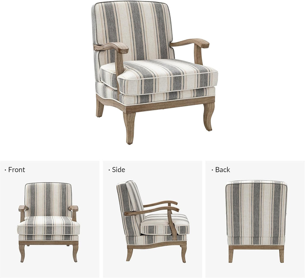 HULALA HOME Farmhouse Striped Accent Chair with Solid Wood Legs, Dark Grey