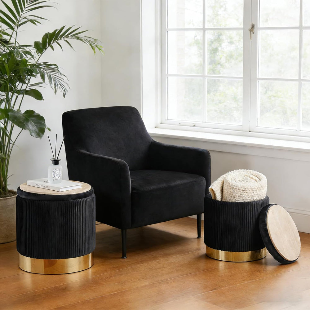 Round Ottoman with Storage Set of 2 Black Vanity Stool Foot Rest
