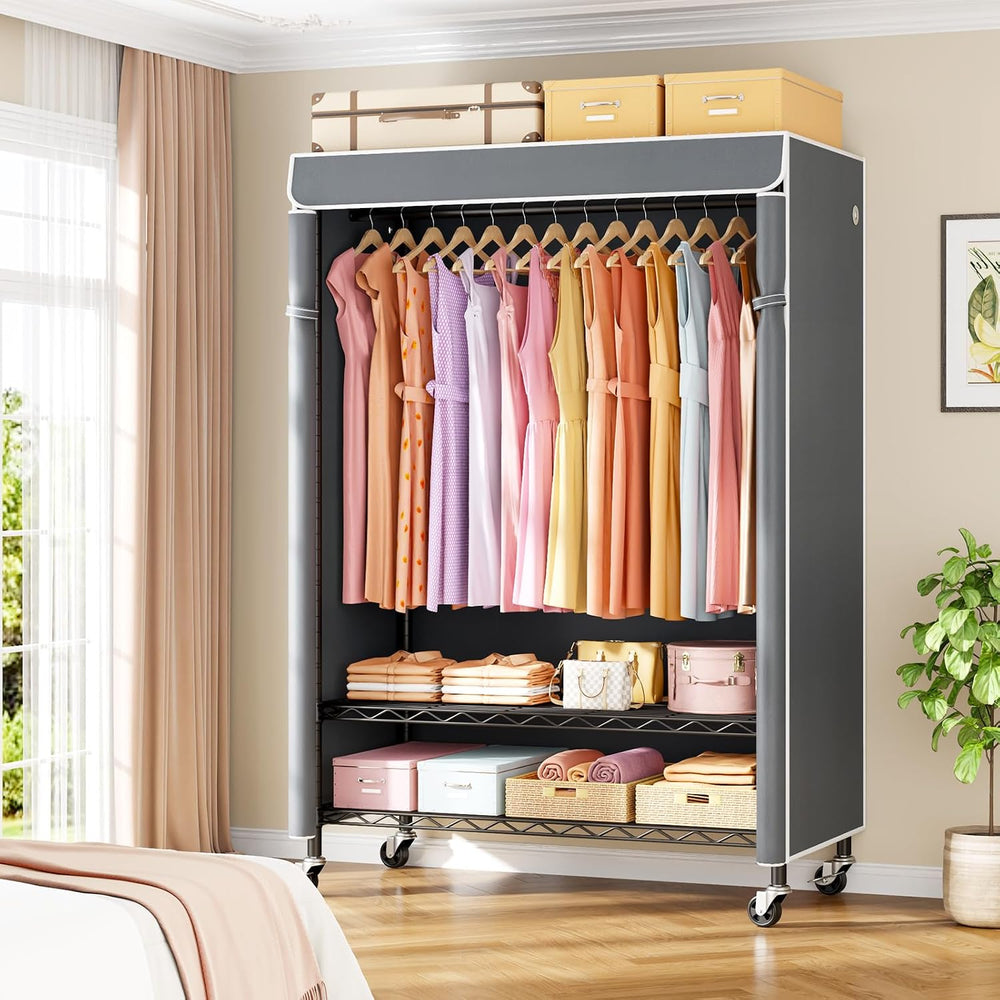 ULIFHOME P6C Plus Rolling Clothes Rack with Cover, Covered Clothing Rack