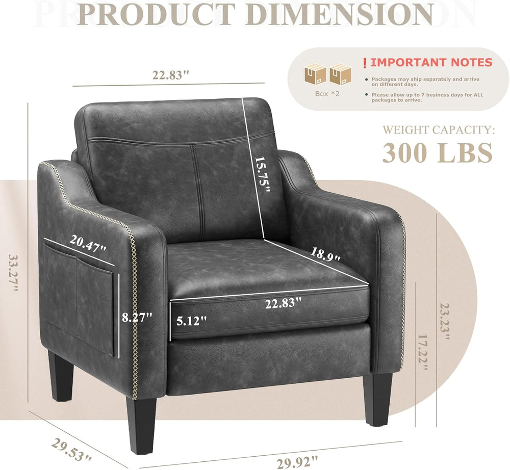 MALOL PU Leather Accent Chair with Solid Wood Frame, Black