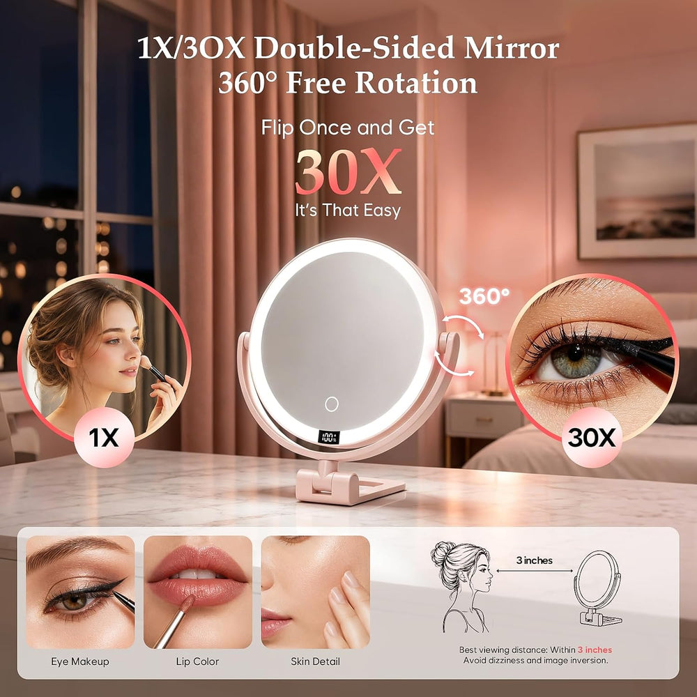 1X/30X Makeup Mirror with Lights, Magnifying Mirror (Pink)