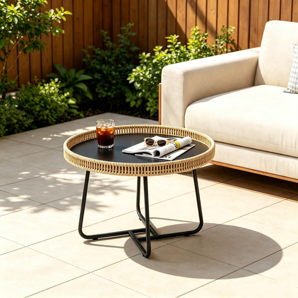 Small Boho Coffee Table Round Rattan, 20 inch Side Table Wicker Metal Legs