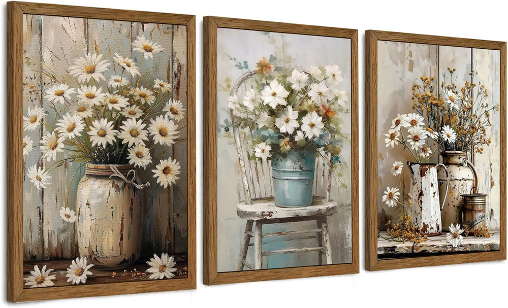 DUWQU Triptych Rustic Farmhouse Daisy Framed Canvas Wall Art 12x16 inch x3