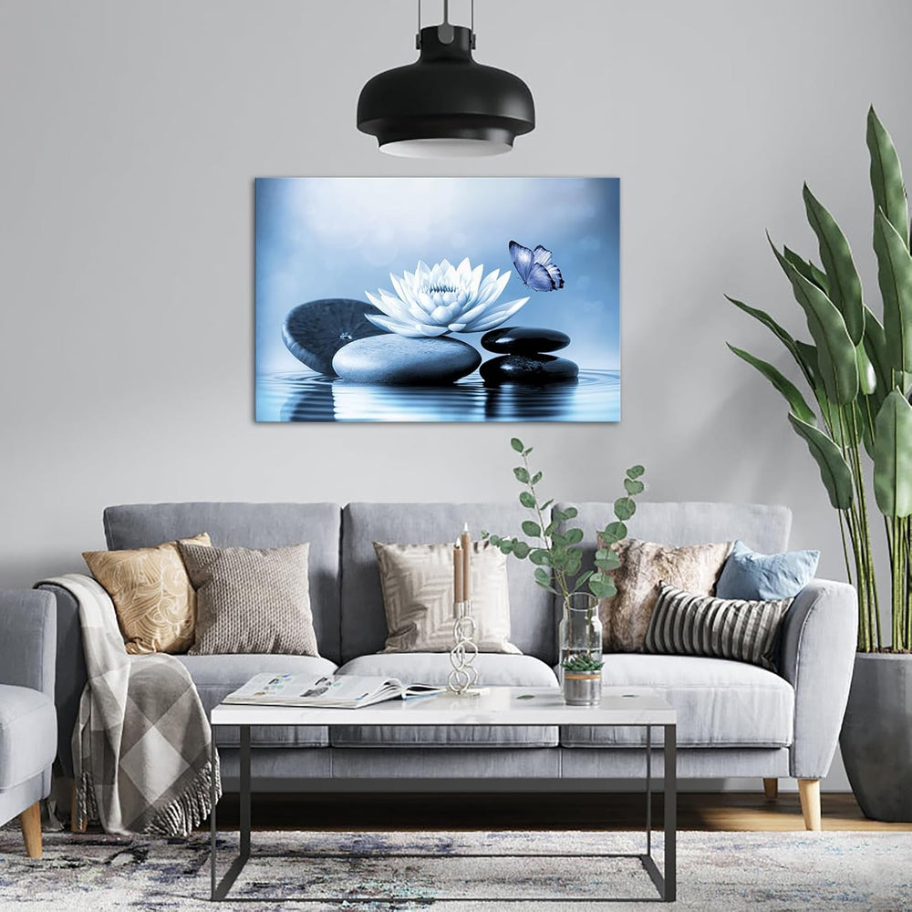 VANSEEING Zen Canvas Wall Art Blue Lotus Flowers Stones Butterfly on Water Li...
