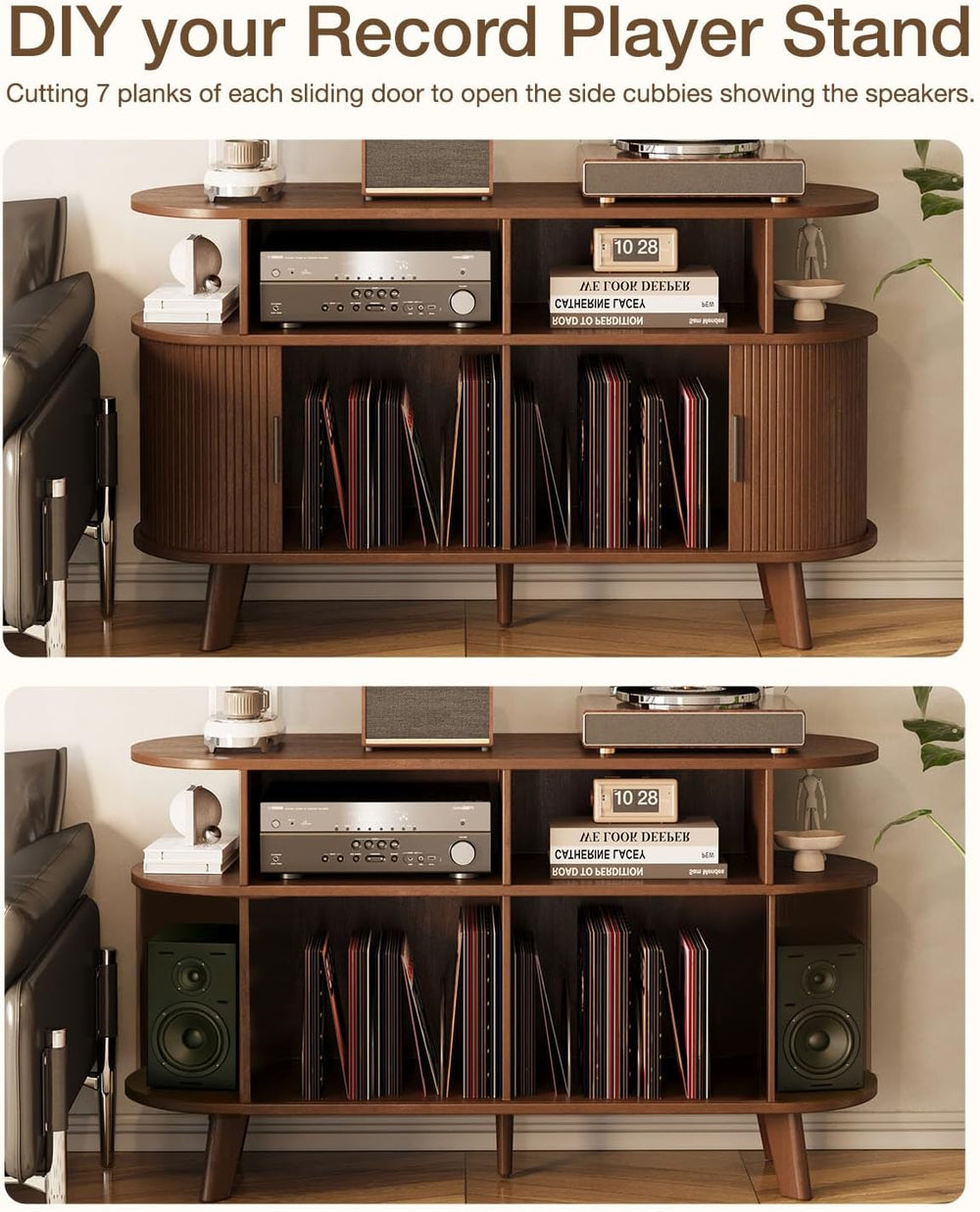 Large Record Player Stand with Sliding Doors, Fluted Media TV Stand