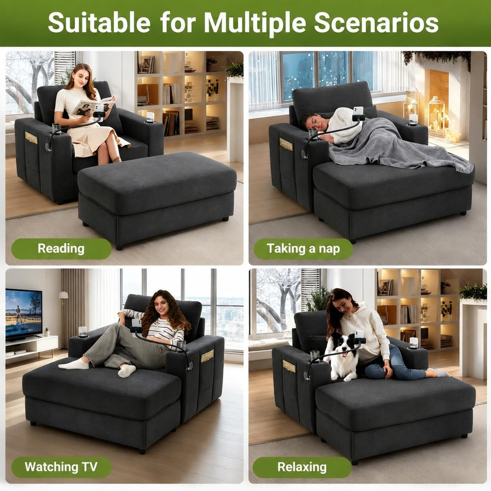 52" Boneless Chaise Lounge, Oversized Reading Chair with Ottoman, Dark Grey