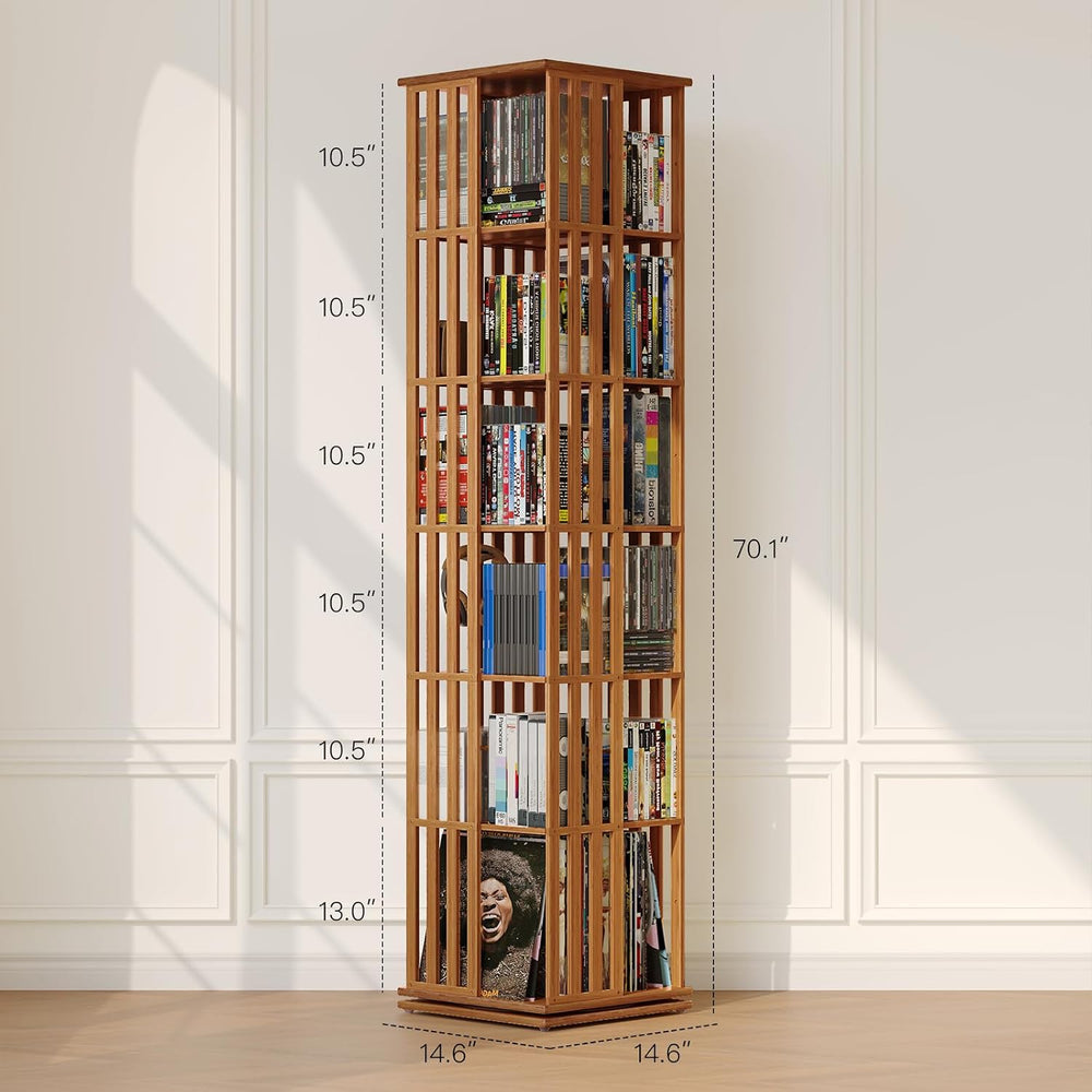 XIMN 360° Rotating Bamboo CD/DVD Shelf - 6-Tier Space-Saving Media Storage Ca...