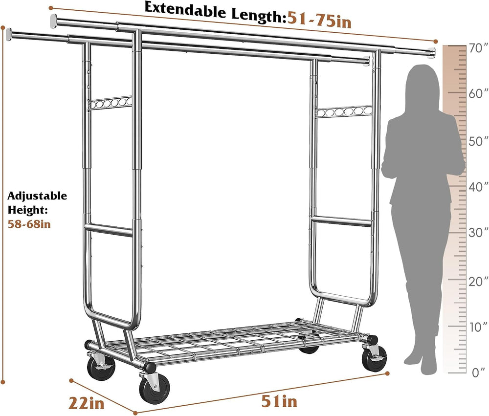 Raybee Heavy Duty Clothes Rack 650LBS Double Rods with Shelf Collapsible