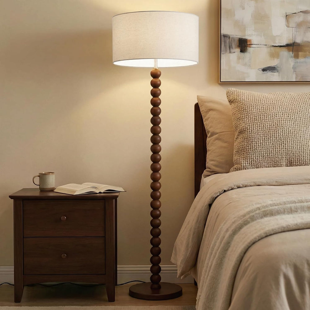 Buruis 60.6 Inch Beaded Walnut Wood Floor Lamp with Linen Shade, Cream