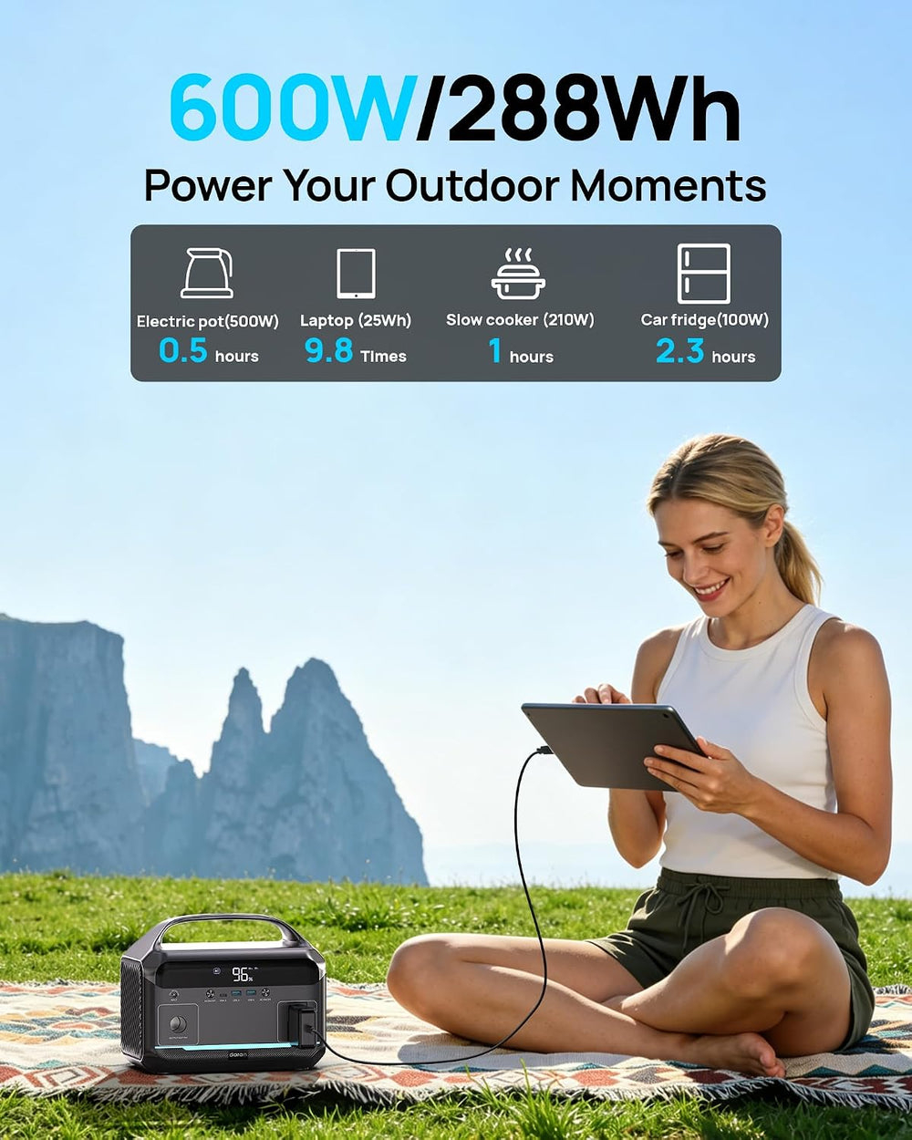 Portable Power Station 600W, 288Wh Solar Generator LiFePO4 Battery Backup, Po...