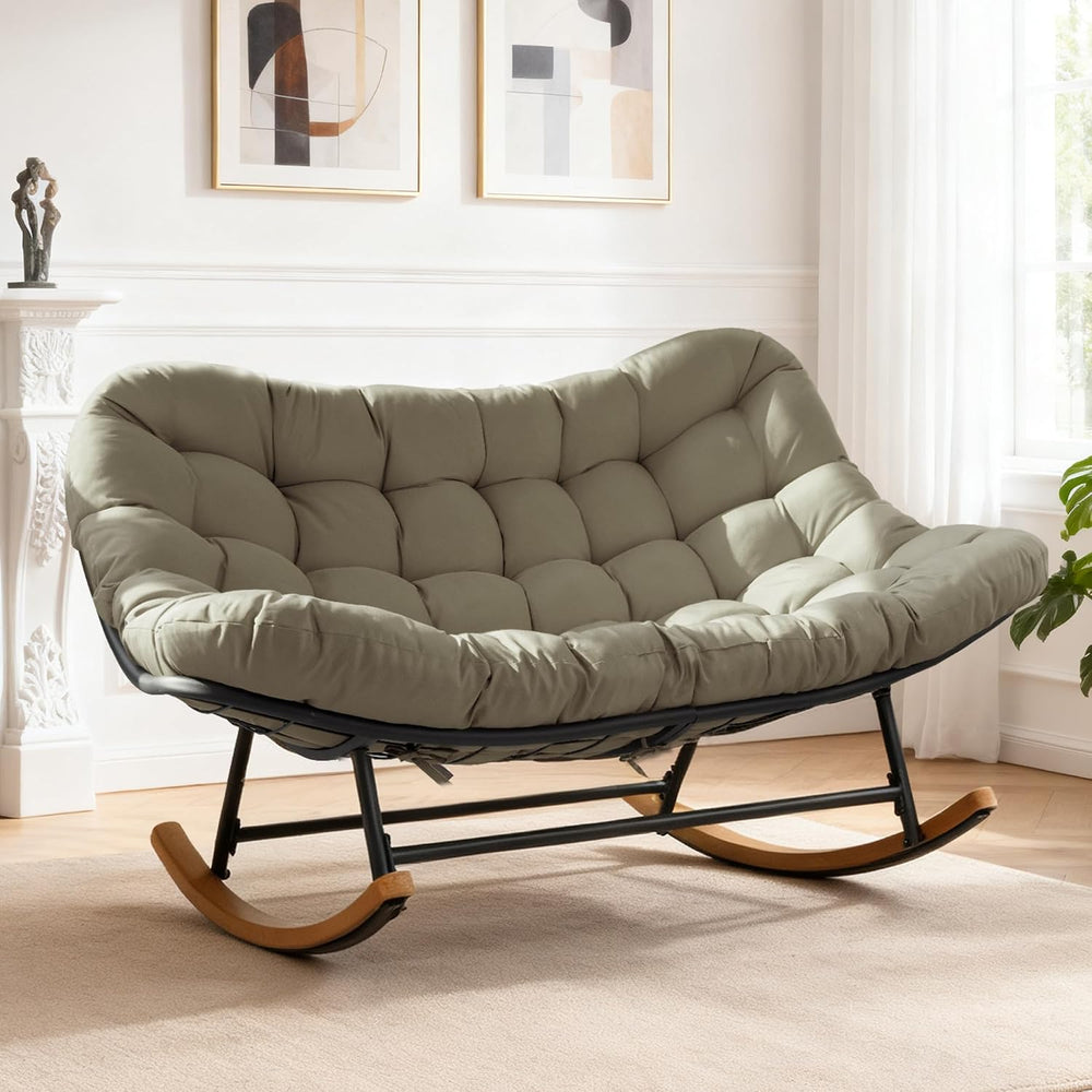 Double Papasan Patio Rocking Chair for Two, Oversized Outdoor Loveseat with T...