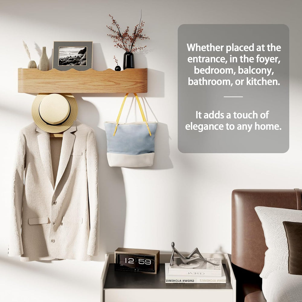 Coat Rack Wall Mount with Shelf 4 Hidden Hooks Modern Wooden Key Holder Entry...