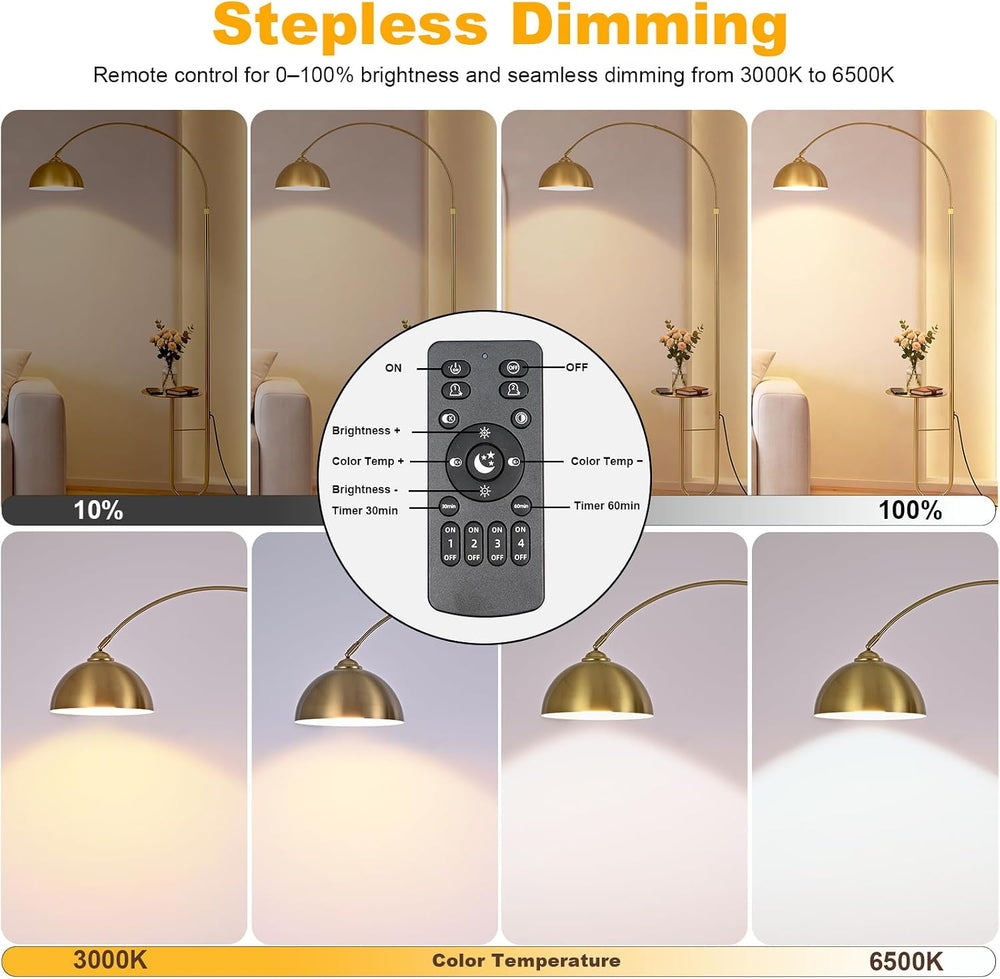 Gold Arc Floor Lamp with Table, Stepless Dimming & Remote,E26 Bulb Included