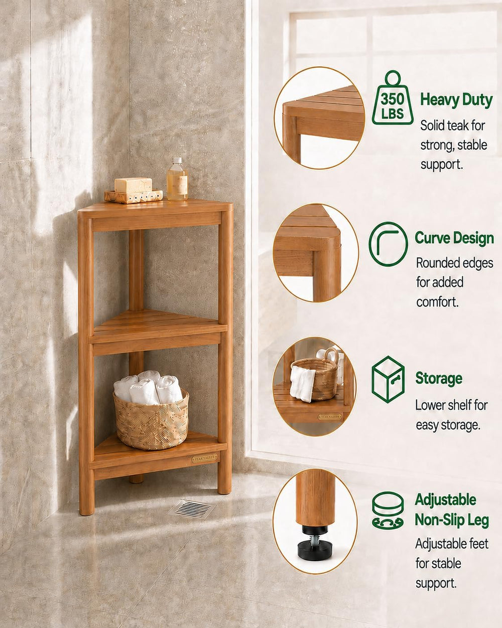 Fully Assembled Teak Corner Shower Shelf, Shower Caddy 26.5"