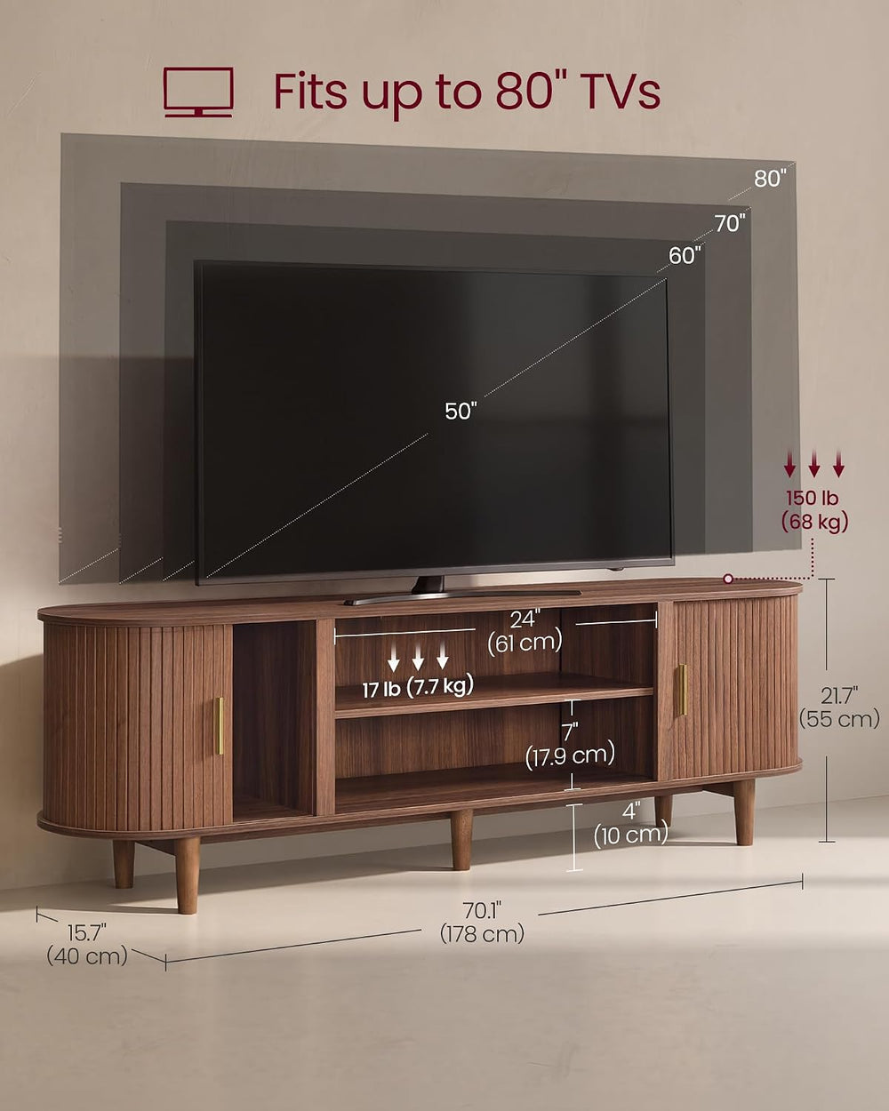 VASAGLE 70 Inch TV Stand, Mid Century Entertainment Center with Storage