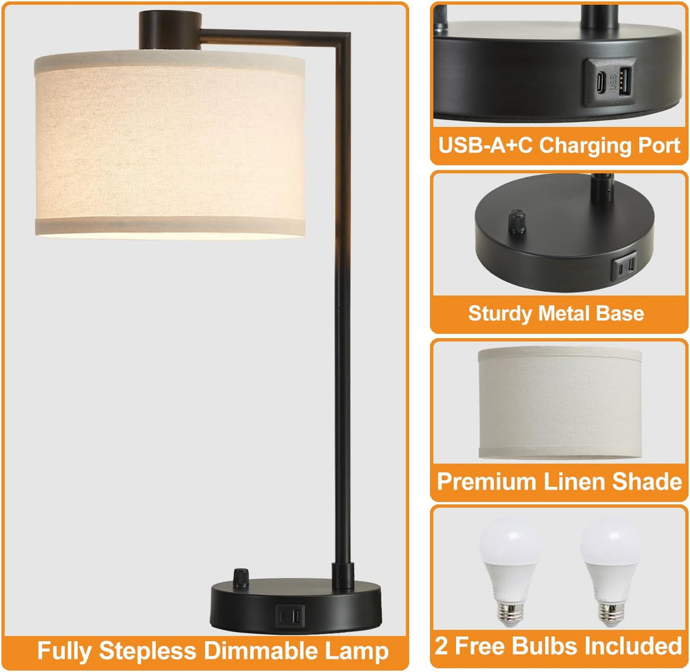 Luvkczc Table Lamp for Bedroom Set of 2 with USB C+A Ports, Fully Stepless Di...