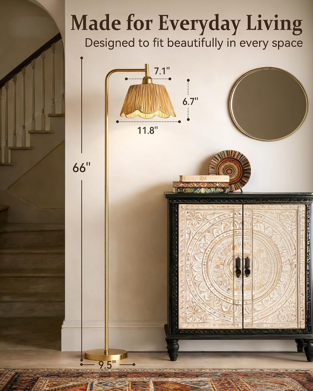 JOOFO Boho Brushed Gold Floor Lamp with Remote, Flower-Inspired Shade