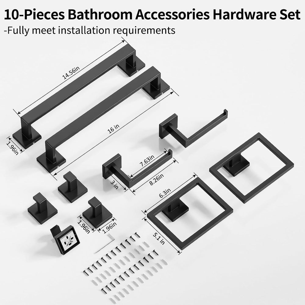 Gypie Bathroom Accessories Set Wall Mounted, 10-Piece 16In Matte Black