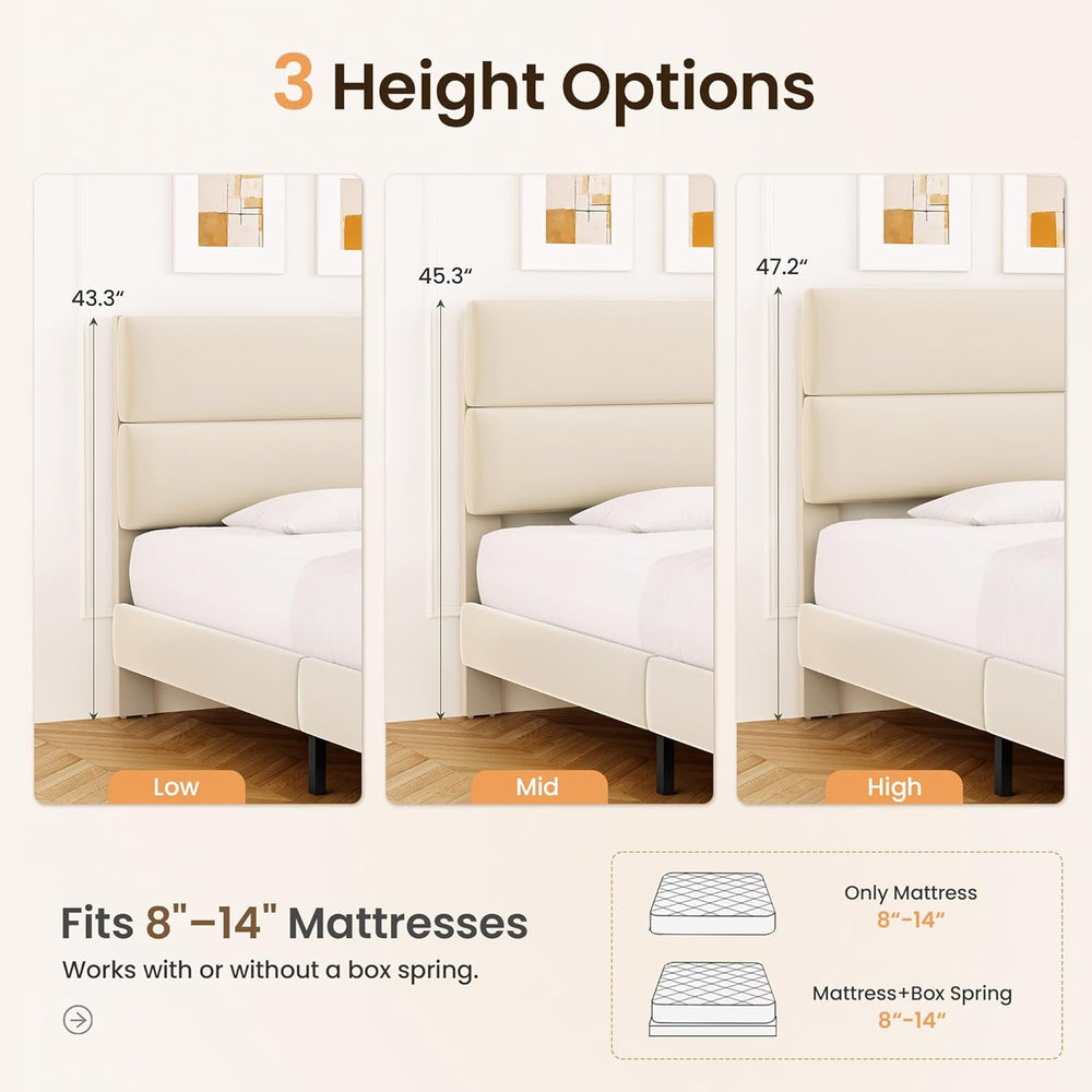 GRUSIGN King Size Platform Bed Frame with Velvet Headboard, Adjustable Height...
