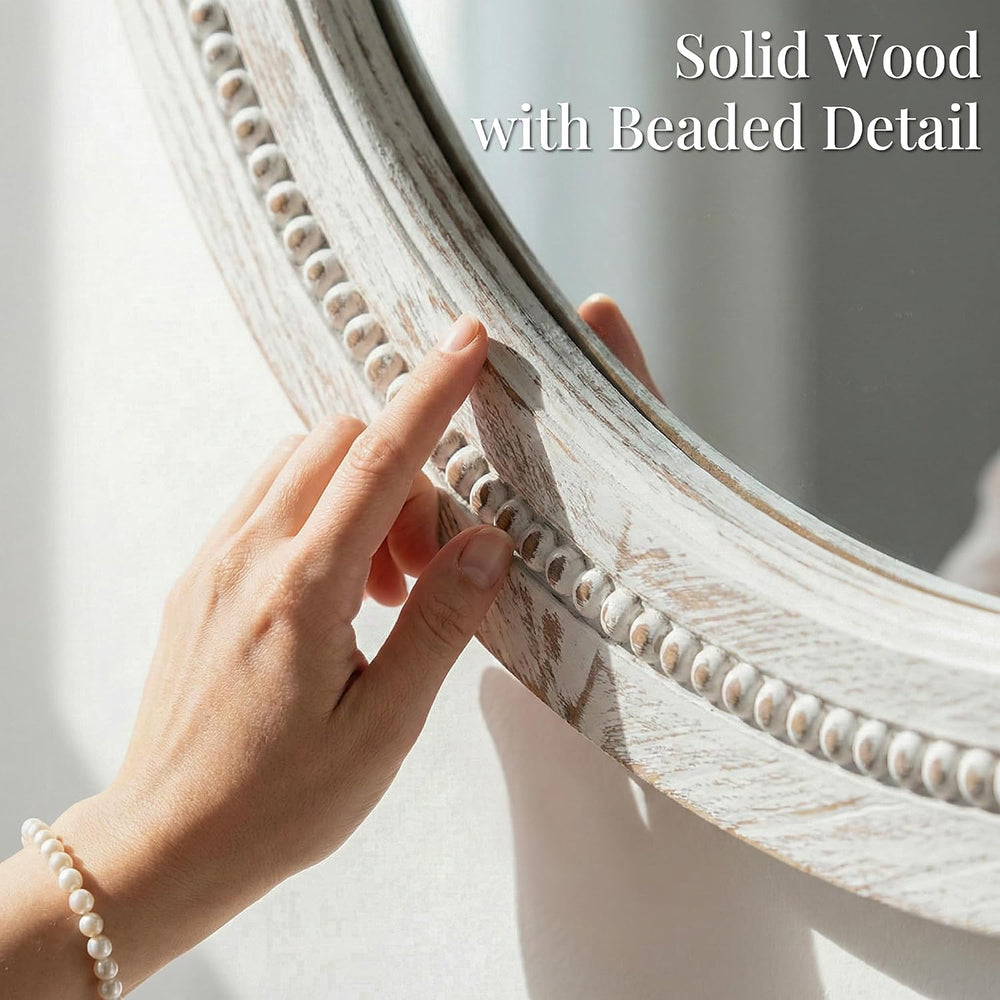 Solid Wood 30 Inch Round Beaded Bathroom Mirror, Distressed White