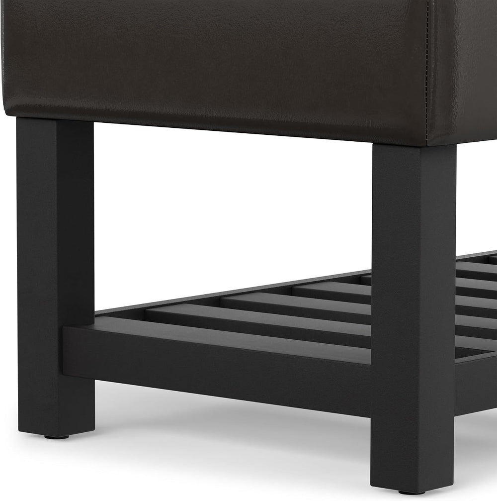 SIMPLIHOME Cosmopolitan 44" Wide Vegan Leather Storage Ottoman in Brown