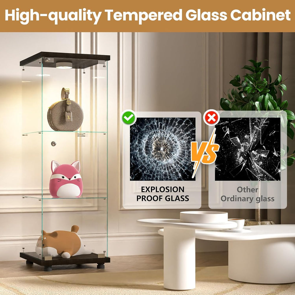 FANYUSHOW Glass Display Cabinet with LED Light & Lock, 1-Door 3-Shelf Black