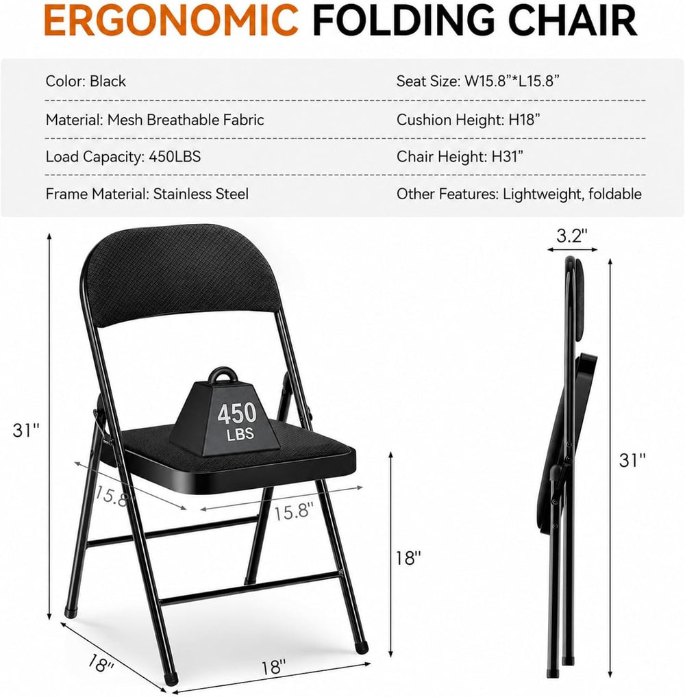 Padded Folding Chairs 10 Pack, 450LBS, Mesh Fabrics Steel Frame, Black