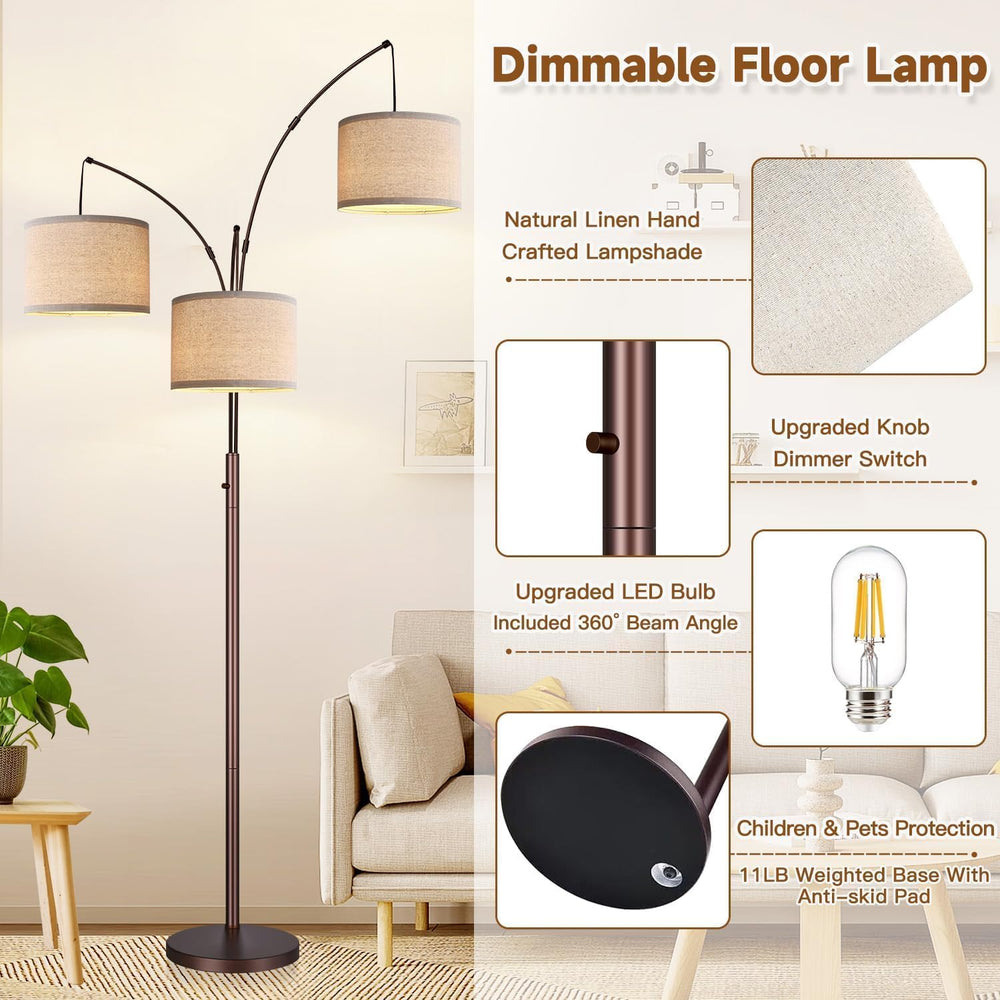 Dimmable Floor Lamp, 3 Lights Brown Arc Floor Lamp, Modern Tall Standing Tree...