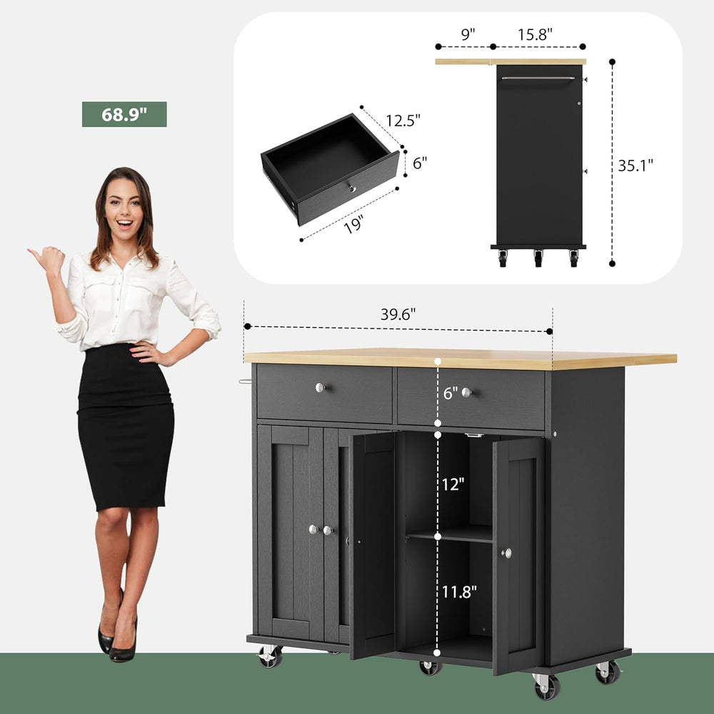 JY QAQA 39" Kitchen Island on Wheels with Storage Cabinet Kitchen Cart C...