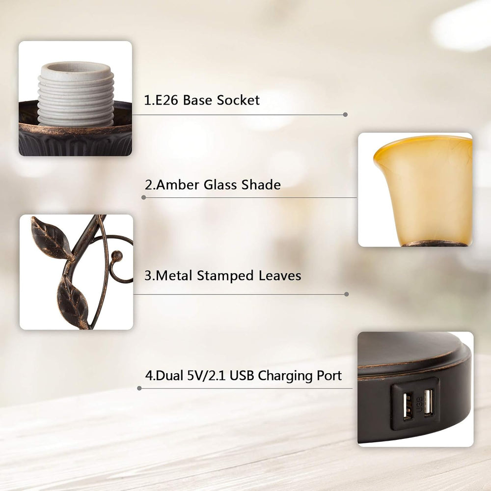 Touch Control Leaf Vintage Table Lamp with 3-Way Dimmable 2 USB C+A Ports