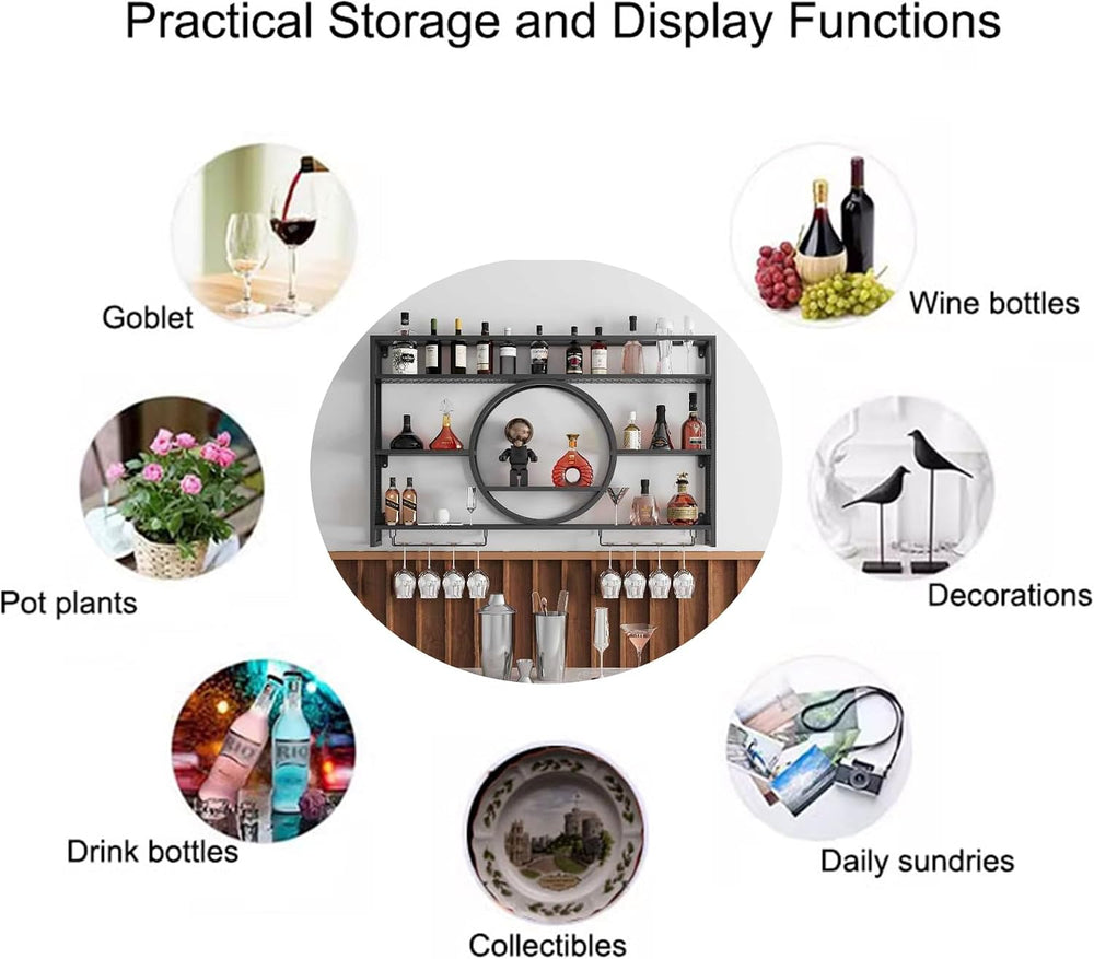 Wine Rack Wall Mounted with Wine Glass Rack Floating Bar Shelves for Liquor B...