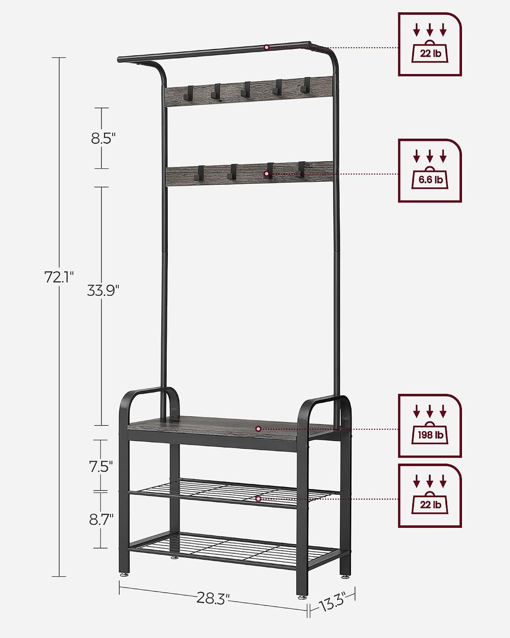 VASAGLE Coat Rack, Hall Tree with Shoe Bench, 4-in-1, 9 Removable Hooks