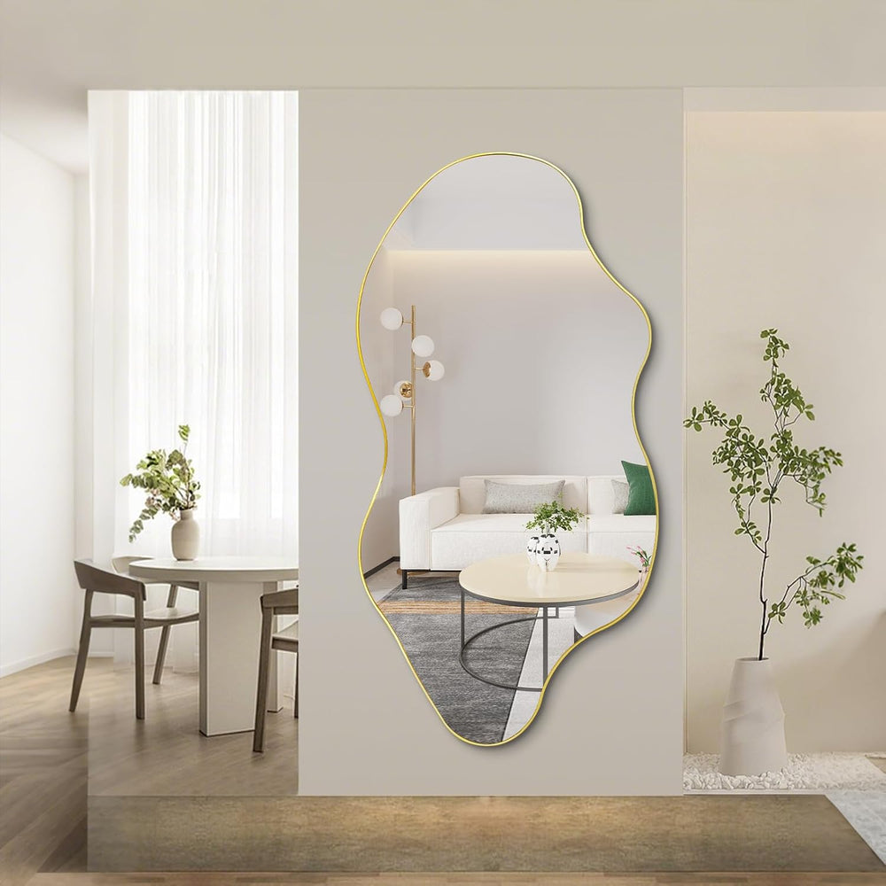 59"x30" Large Irregular Wall Mirror, Gold Frameless Mirror