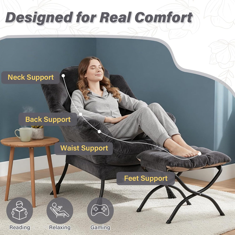 Plush Lazy Chair and Ottoman, Large Dark Grey Contemporary Accent Chair with ...