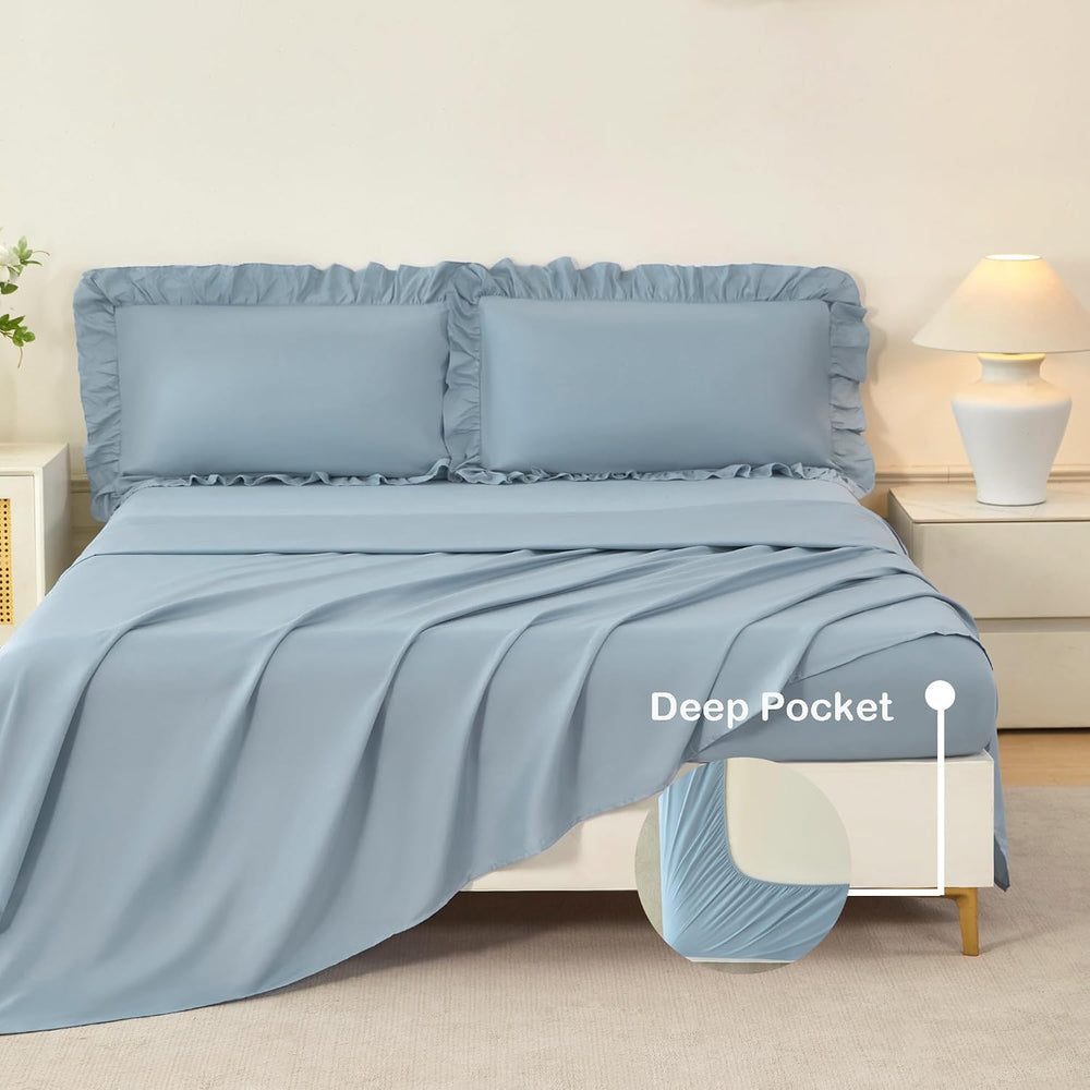 ANGIYUIN 5Pcs King Size Comforter Sets Dusty Blue Ruffle Bedding Sets